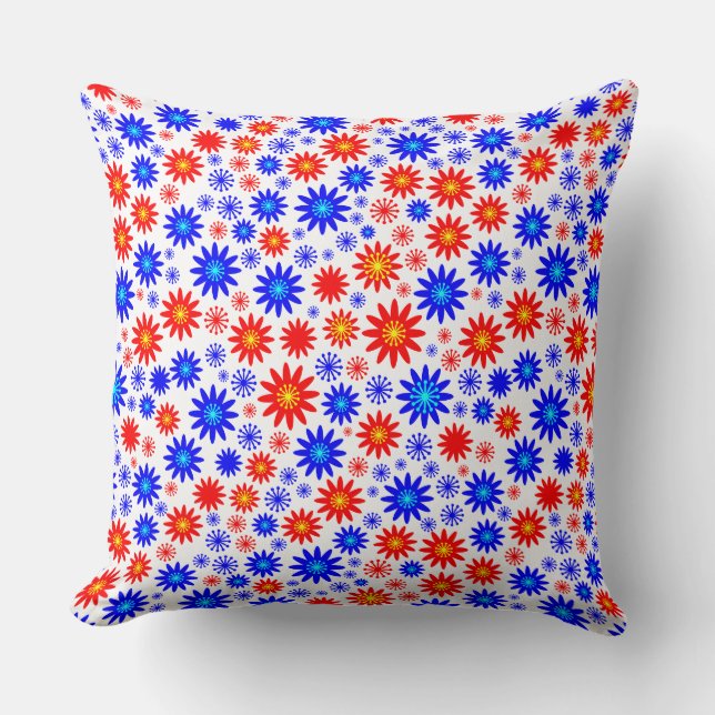 Flower Pattern - Blues with Red, Yellow and White Throw Pillow (Front)