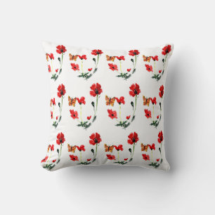Flower Pattern Butterfly Red Poppy Throw Pillow