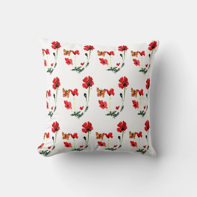 Flower Pattern Butterfly Red Poppy Throw Pillow (Front)