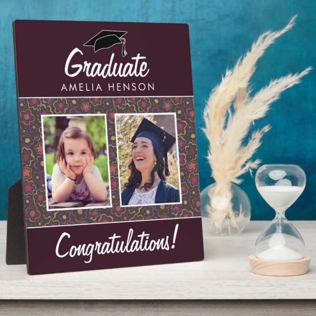 Flower Pattern Congratulations Graduate  2 Photo Plaque (Side)