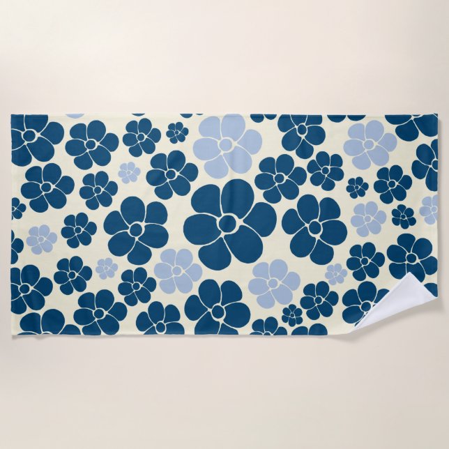 Flower Pattern - Dark Blue, Light Blue and Cream Beach Towel (Front)