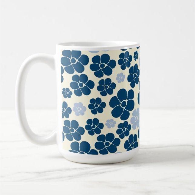 Flower Pattern - Dark Blue, Light Blue and Cream Coffee Mug (Left)