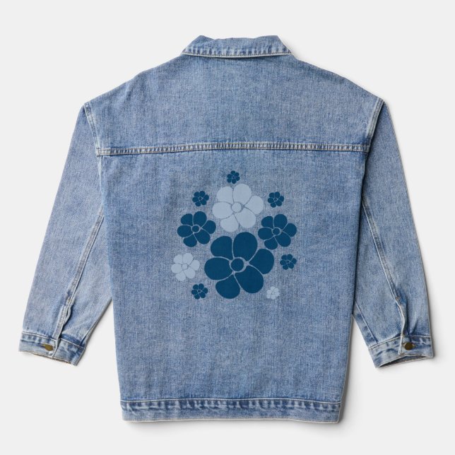 Flower Pattern - Dark Blue, Light Blue and Cream Denim Jacket (Back)
