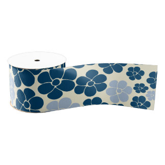 Flower Pattern - Dark Blue, Light Blue and Cream Grosgrain Ribbon