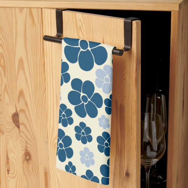 Flower Pattern - Dark Blue, Light Blue and Cream Kitchen Towel (Thirds Fold)