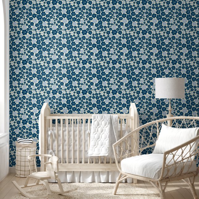 Flower Pattern - Dark Blue, Light Blue and Cream Wallpaper (Kids)
