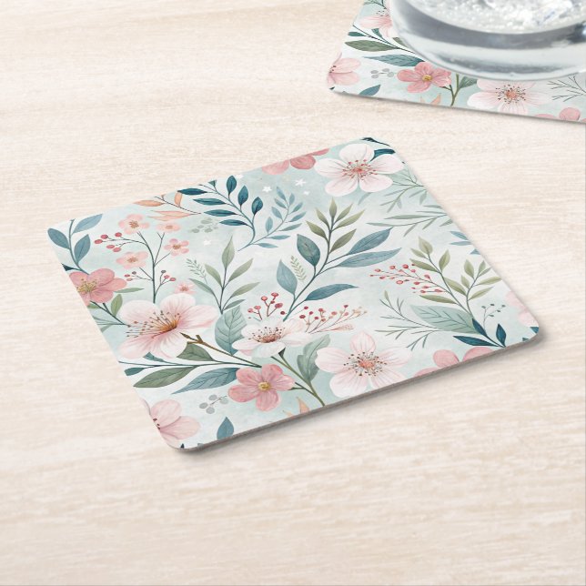 Flower Pattern Drawing Square Paper Coaster (Angled)