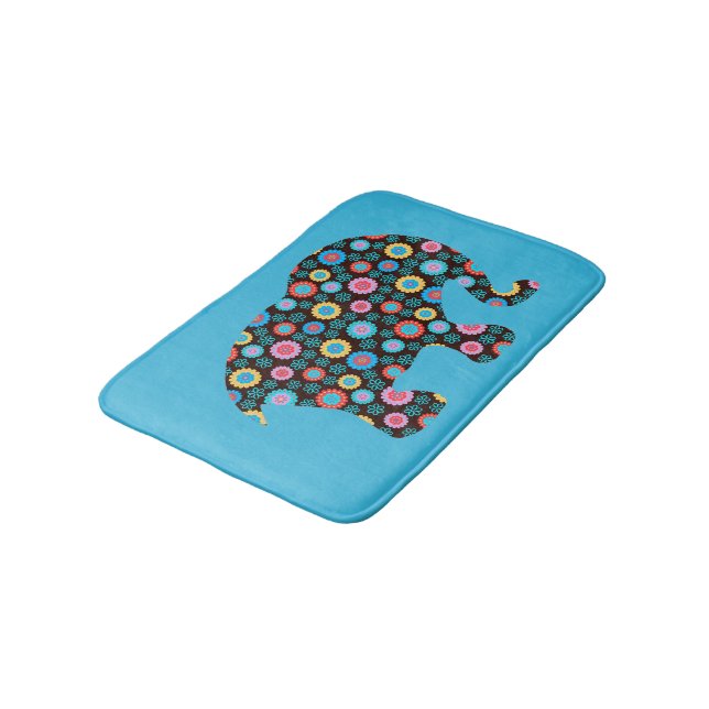 Flower Pattern Elephant on Blue Bath Mat (Angled)