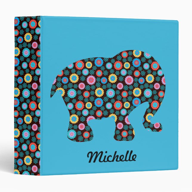 Flower Pattern Elephant on Blue Personalised Binder (Front/Spine)