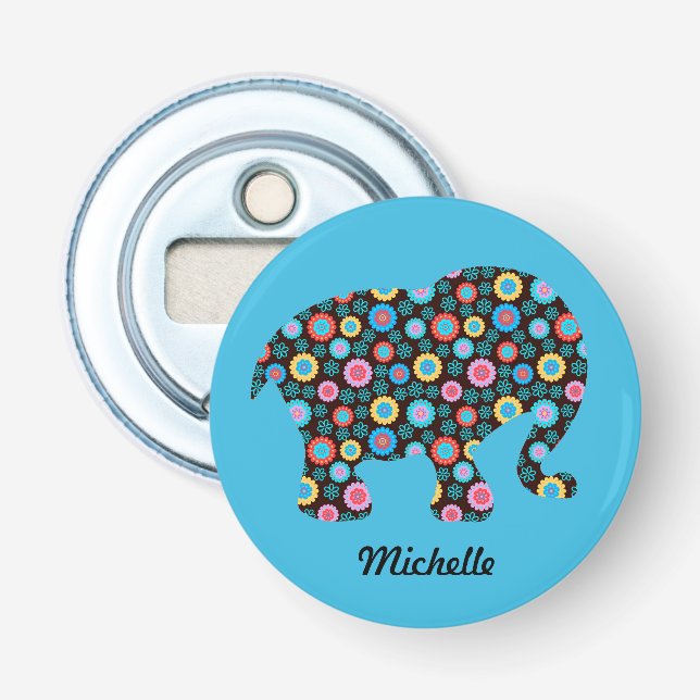 Flower Pattern Elephant on Blue Personalised Bottle Opener (Front)