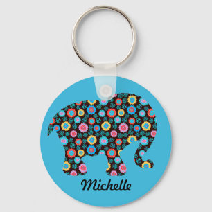 Flower Pattern Elephant on Blue Personalised Keychain