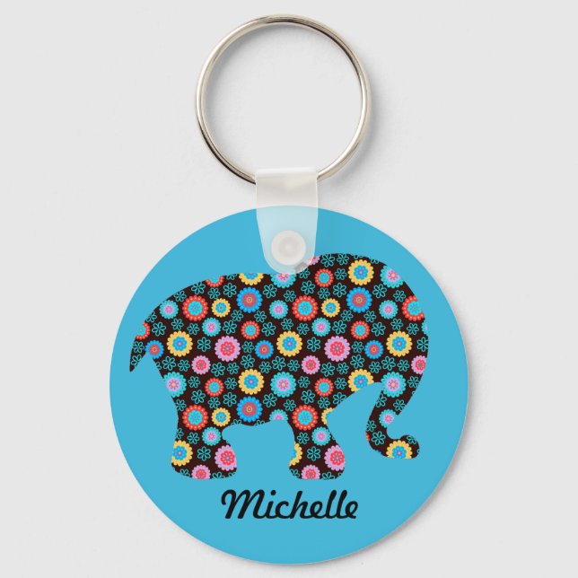 Flower Pattern Elephant on Blue Personalised Keychain (Front)