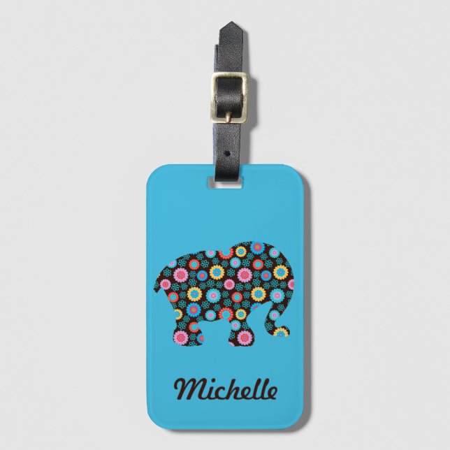 Flower Pattern Elephant on Blue Personalised Luggage Tag (Front Vertical)