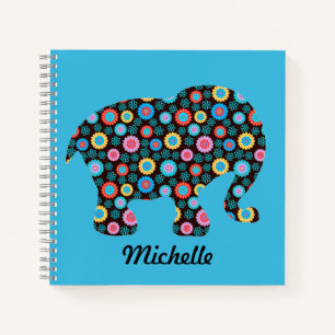 Flower Pattern Elephant on Blue Personalised Notebook