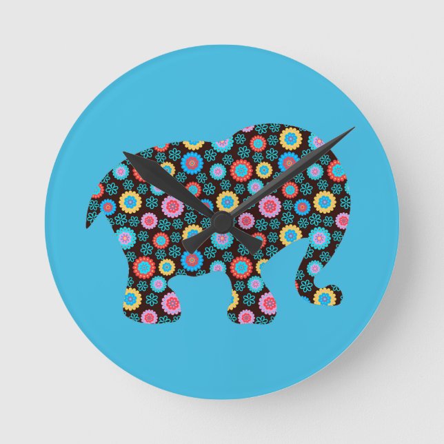 Flower Pattern Elephant on Blue Round Clock (Front)