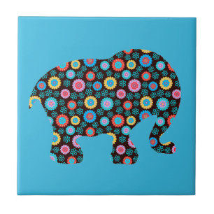 Flower Pattern Elephant on Blue Tile