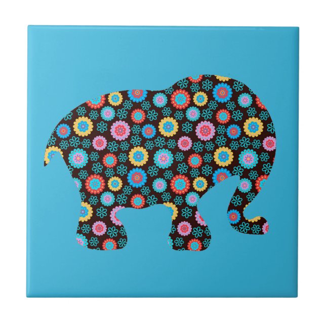 Flower Pattern Elephant on Blue Tile (Front)