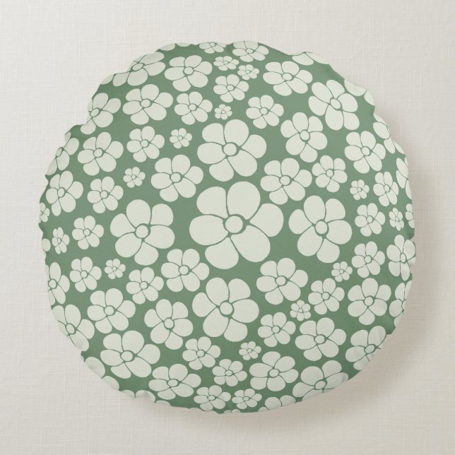 Flower Pattern - Green Round Pillow (Front)