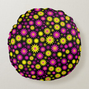 Flower Pattern - Hot Pink, Yellow and Black Round Pillow