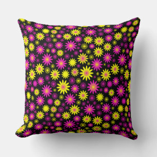 Flower Pattern - Hot Pink, Yellow and Black Throw Pillow