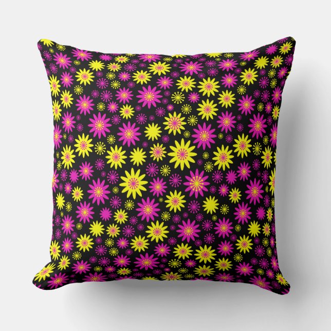 Flower Pattern - Hot Pink, Yellow and Black Throw Pillow (Front)