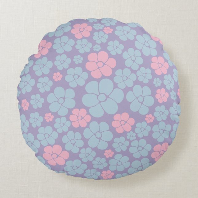 Flower Pattern in Blue, Lilac, and Pink Round Pillow (Front)