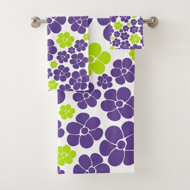Flower Pattern in Lime Green and Purple Bath Towel Set (Insitu)