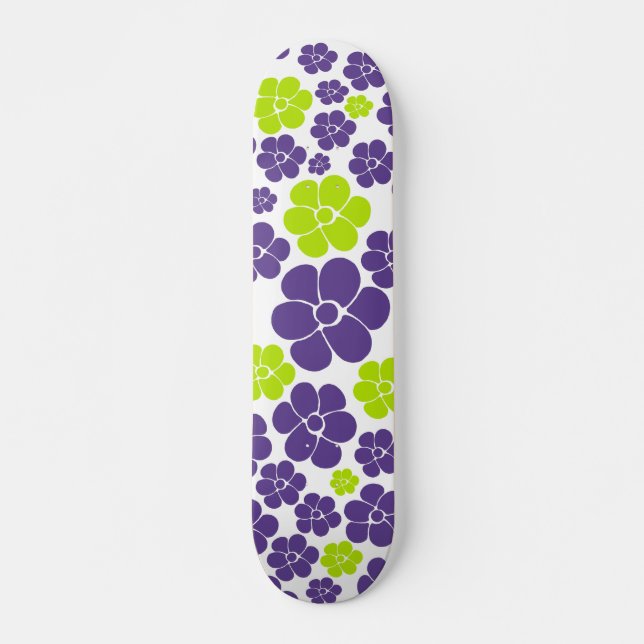 Flower Pattern in Lime Green and Purple Skateboard (Front)