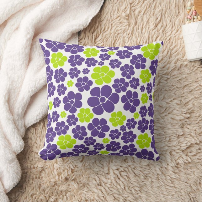 Flower Pattern in Lime Green and Purple Throw Pillow (Blanket)