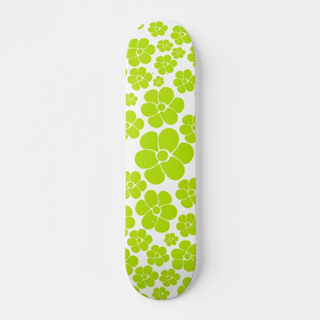 Flower Pattern in Lime Green and White  Skateboard (Front)
