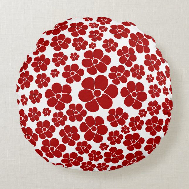 Flower Pattern in Red and White Round Pillow (Front)