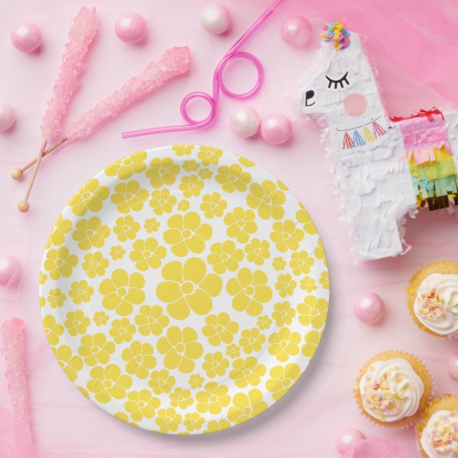 Flower Pattern - Lemon Yellow and White Paper Plate (Party)