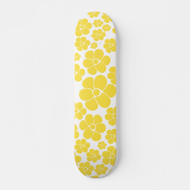 Flower Pattern - Lemon Yellow and White Skateboard (Front)