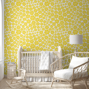 Flower Pattern - Lemon Yellow and White Wallpaper