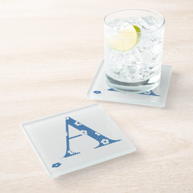 Flower Pattern Letter A(blue) Glass Coaster (Angled)