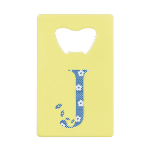 Flower Pattern Letter J (blue) Credit Card Bottle Opener