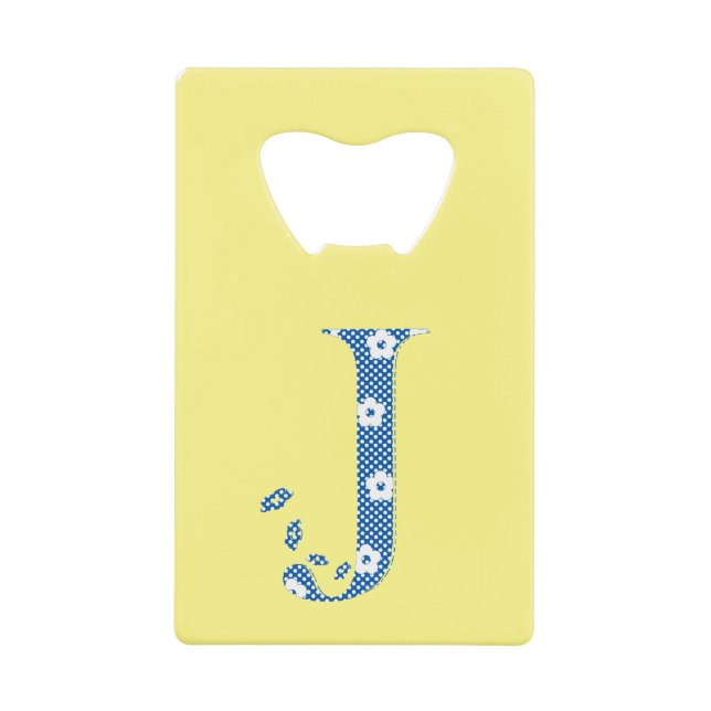 Flower Pattern Letter J (blue) Credit Card Bottle Opener (Front)