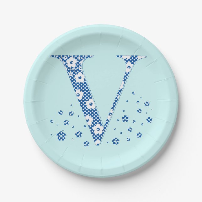 Flower Pattern Letter V(blue) Paper Plate (Front)