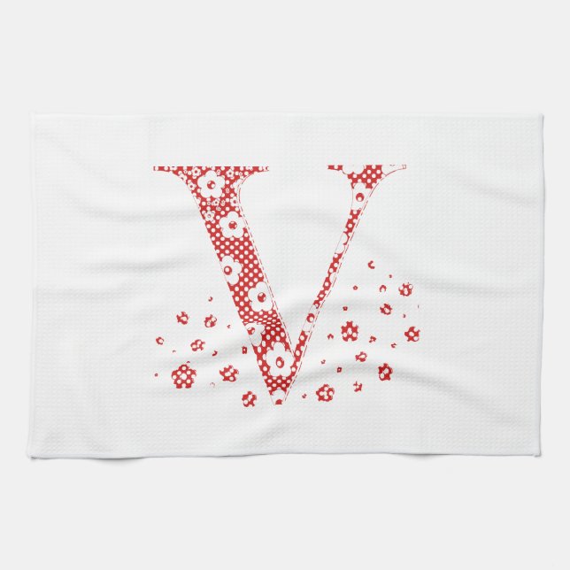 Flower Pattern Letter V(red) Kitchen Towel (Horizontal)
