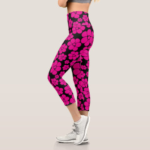 Flower Pattern - Magenta and Black Capri Leggings