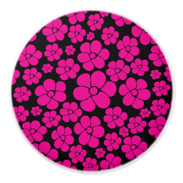 Flower Pattern - Magenta and Black  Ceramic Knob (Front)