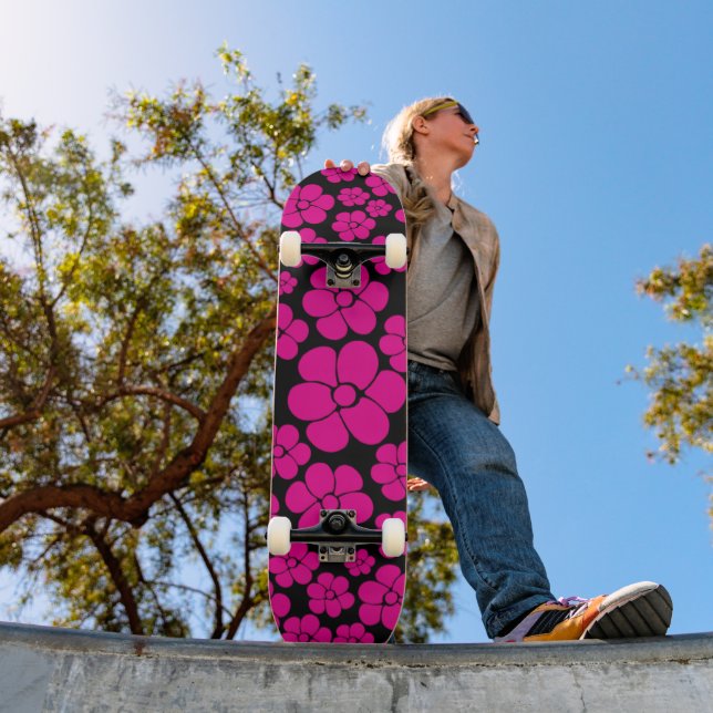 Flower Pattern - Magenta and Black Skateboard (Outdoor 1)