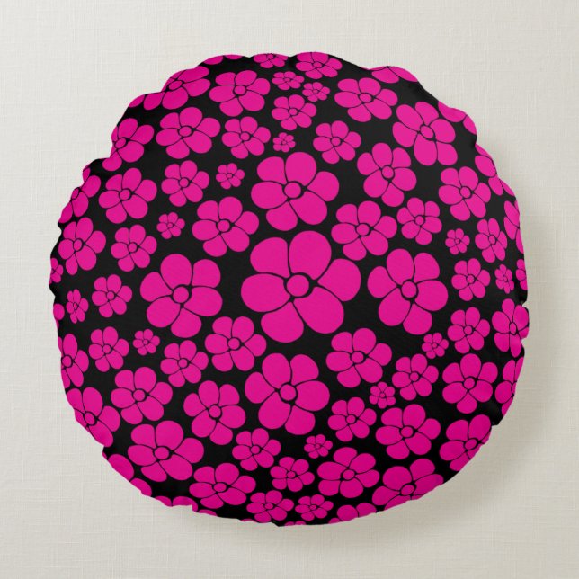 Flower Pattern - Magenta and Black  Throw Pillow (Front)