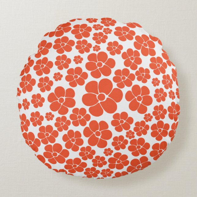 Flower Pattern - Orange and White Round Pillow (Front)