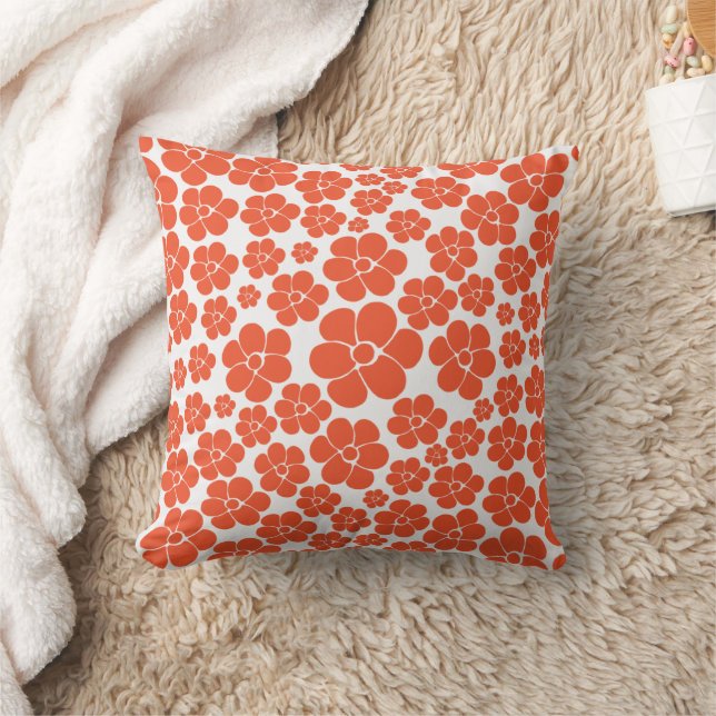 Flower Pattern - Orange and White Throw Pillow (Blanket)