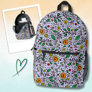 Flower Pattern orange Swirl Berry on Lilac - Printed Backpack