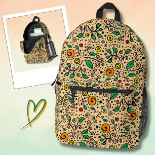 Flower Pattern orange Swirl Berry on Orange - Printed Backpack