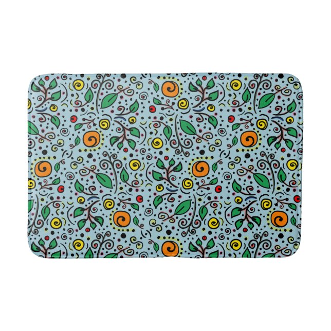 Flower Pattern orange Swirl Berry on Teal -  Bath Mat (Front)