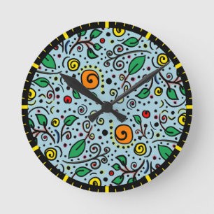 Flower Pattern orange Swirl Berry on Teal - Round Clock