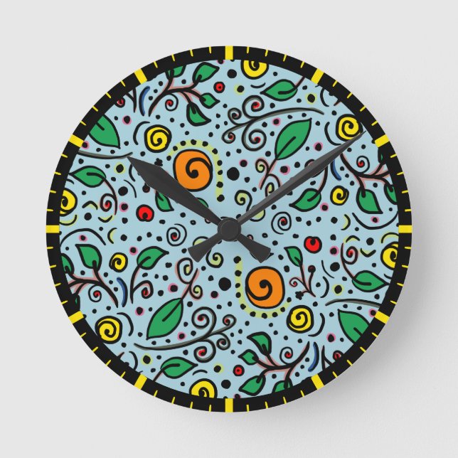 Flower Pattern orange Swirl Berry on Teal -  Round Clock (Front)